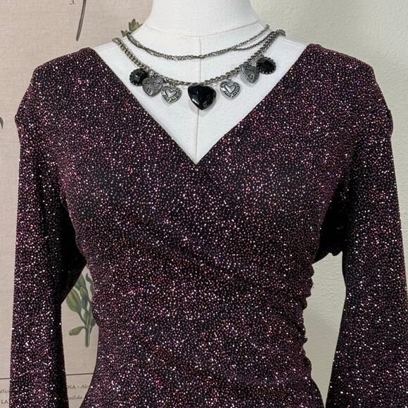 Vintage Pink Glitter Crossover Wrap Flare Sleeve Top Party Whimsigoth 90s Goth M - Picture 4 of 8